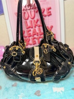 Juicy Couture Black Patent Leather Satchel with Gold Hardware